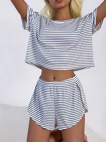 Napfluff Women's Casual Striped Knit Round Neck Short Sleeve Pajama Set - Black and White - View 1