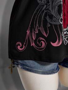 SHEIN ICON Áo thun nữ cỡ lớn họa tiết punk đính đá lấp lánh, vai lệch, dáng rộng - màu đen - Xem 6