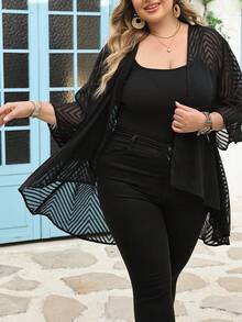SHEIN CURVE+ Áo khoác dáng rộng kẻ sọc màu trơn cho nữ cỡ lớn, áo khoác kimono đen, áo khoác ngoài đen cho nữ, áo cardigan mỏng đen, trang phục mùa thu cho nữ, áo cardigan cỡ lớn, trang phục mùa thu cho nữ, phong cách mùa thu thanh lịch - màu đen - Xem 8