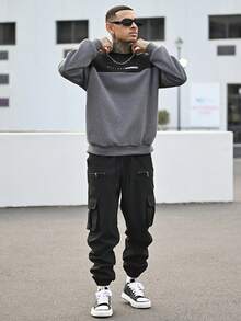 Devon Thys Quần Cargo nam dáng rộng có túi nắp, cạp rút, dài màu đen trơn, đi chơi, mùa thu - màu đen - Xem 5