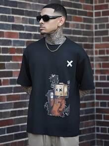 Devon Thys Áo thun nam tay ngắn, vai rớt, in hình hoạt hình, kiểu dáng thường ngày, thích hợp cho mùa hè. - màu đen - Xem 5