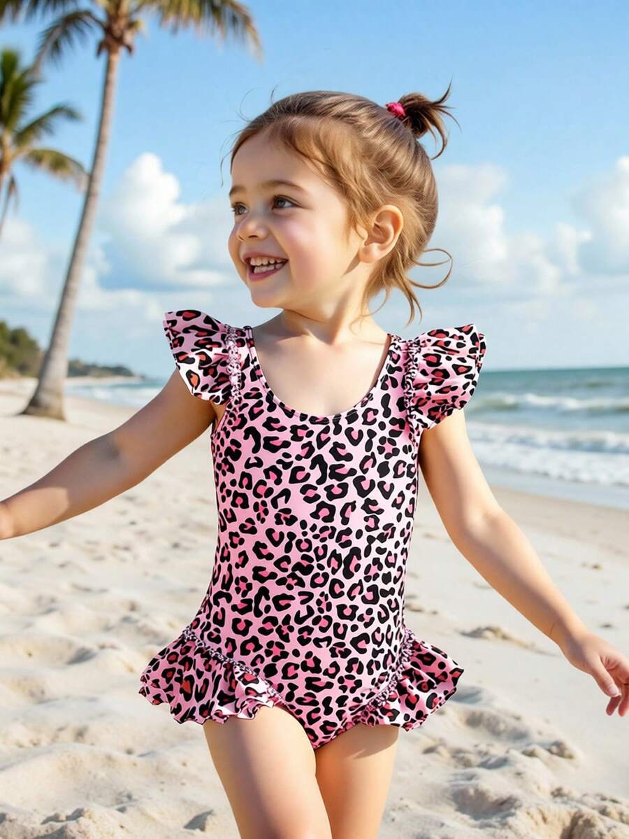 SHEIN 女婴可爱豹纹荷叶袖连体泳衣:巧妙设计,让宝宝尽享时尚夏日戏水乐趣 - 彩色 - 查看 1