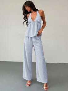 Aloruh 女士夏季休闲露背上衣和裤子两件套 - 淺藍色 - 查看 4