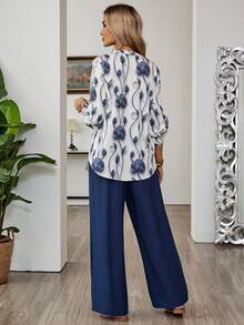 EMERY ROSE Damset med vår-/höstmönster, avslappnad semesterstil, botaniskt tryck, topp med rullflikar och vida byxor - Multifärgad - Visa 2