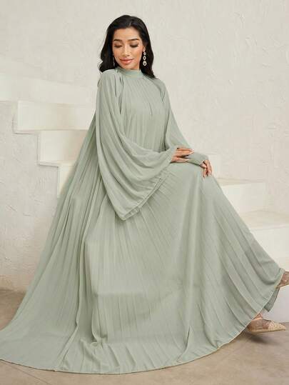 Veilorie 女士纯色立领喇叭袖褶裥优雅阿拉伯风格连衣裙