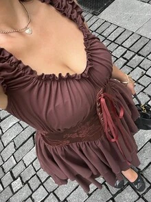 Sunnyshic Fashionable Sexy Vintage Off-Shoulder Ruched Waist Cute Dress Date Night Brown Summer - Brown - View 4