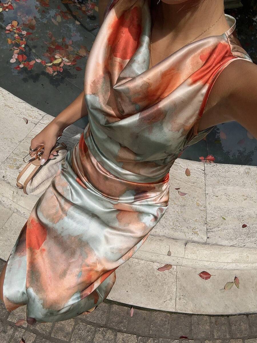 Livesso Đầm nữ thanh lịch không tay cổ xếp ly nhuộm tie-dye - Màu xanh Ô liu - Xem 1