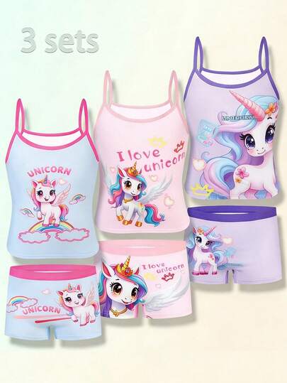 SHEIN 3-Piece Girls Kids Round Neck Sleeveless Shorts Summer Light Blue Pink Purple Cartoon Unicorn And Rocking Horse Print Pajamas Sleepwear Loungewear Set Soft Breathable Lightweight Knit Comfortable Elastic Waistband For Casual Home Wear Cute Comfy Cozy Matching Set Modern High Quality Stylish Breathable Fabric For Daily Use