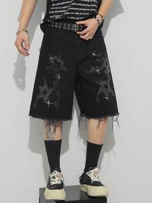 Manfinity EMRG Shorts vaqueros negros desgastados con adornos de strass, estilo urbano estadounidense - Negro - Ver 7