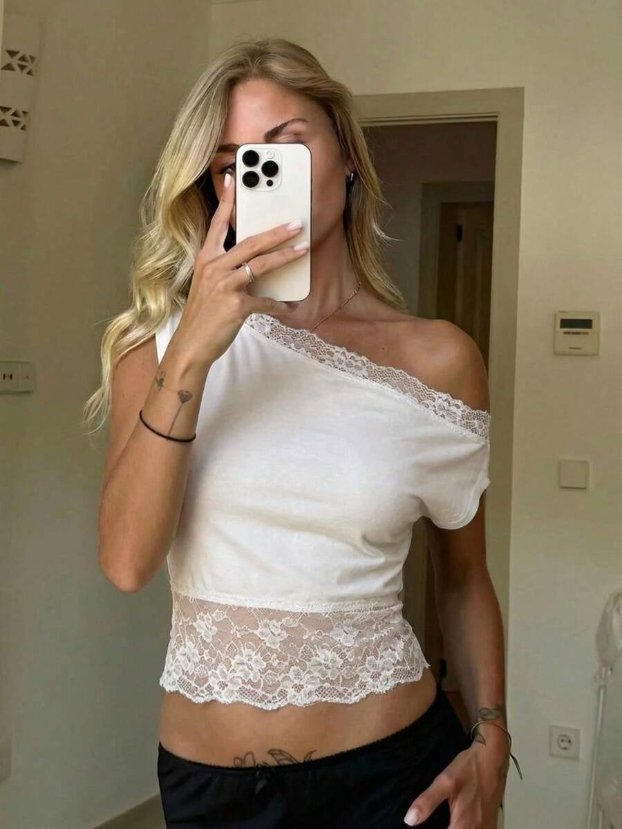 SHEIN SXY 优雅蕾丝拼接单肩领口衬衫 - 白色 - 查看 1