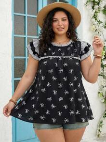 SHEIN CURVE+ Women's Plus Size Lotus Leaf Sleeve Bow Print Pattern Shirt, Doll Shirt - Black and White - View 6