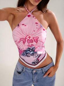 SHEIN BAE 女士全印花不对称下摆露背吊带衫 - 淺粉色 - 查看 1