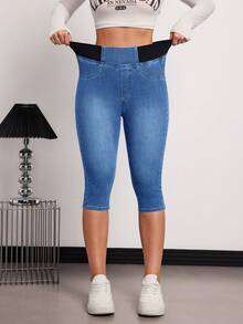 SHEIN Tall 夏季女款休閒外出日常通勤簡約百搭高腰鬆緊腰 3/4 長度緊身牛仔褲，適合高個女性 - 中等水洗藍 - 查看 4