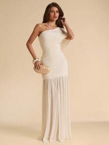 SHEIN BAE Đầm ôm sát thanh lịch màu mơ, kiểu dáng lệch vai, mềm mại, thích hợp cho kỳ nghỉ, đi biển, làm phù dâu, dự đám cưới, mùa xuân/hè. - Màu be - Xem 4