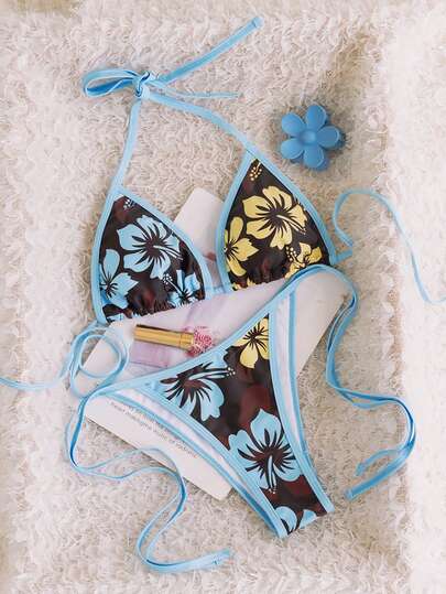 Swim Vcay Bộ bikini hai mảnh buộc dây họa tiết hoa phối màu mới mùa Xuân/Hè 2026, cúp ngực AB, thời trang, tôn dáng, dễ thương, thanh lịch, gợi cảm, thường ngày, phong cách rock Y2K, dự tiệc bãi biển, bóng chuyền, lễ hội âm nhạc, hẹn hò, câu lạc bộ đêm.