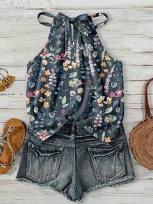 SHEIN LUNE Áo hai dây cổ yếm in hoa phong cách retro dành cho nữ, thích hợp cho kỳ nghỉ xuân/hè. - Nhiều màu - Xem 2