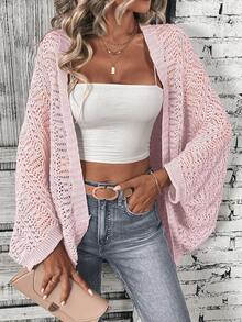 SHEIN LUNE Casual Solid Color Batwing Sleeve Openwork Knit Cardigan - Pink - View 6