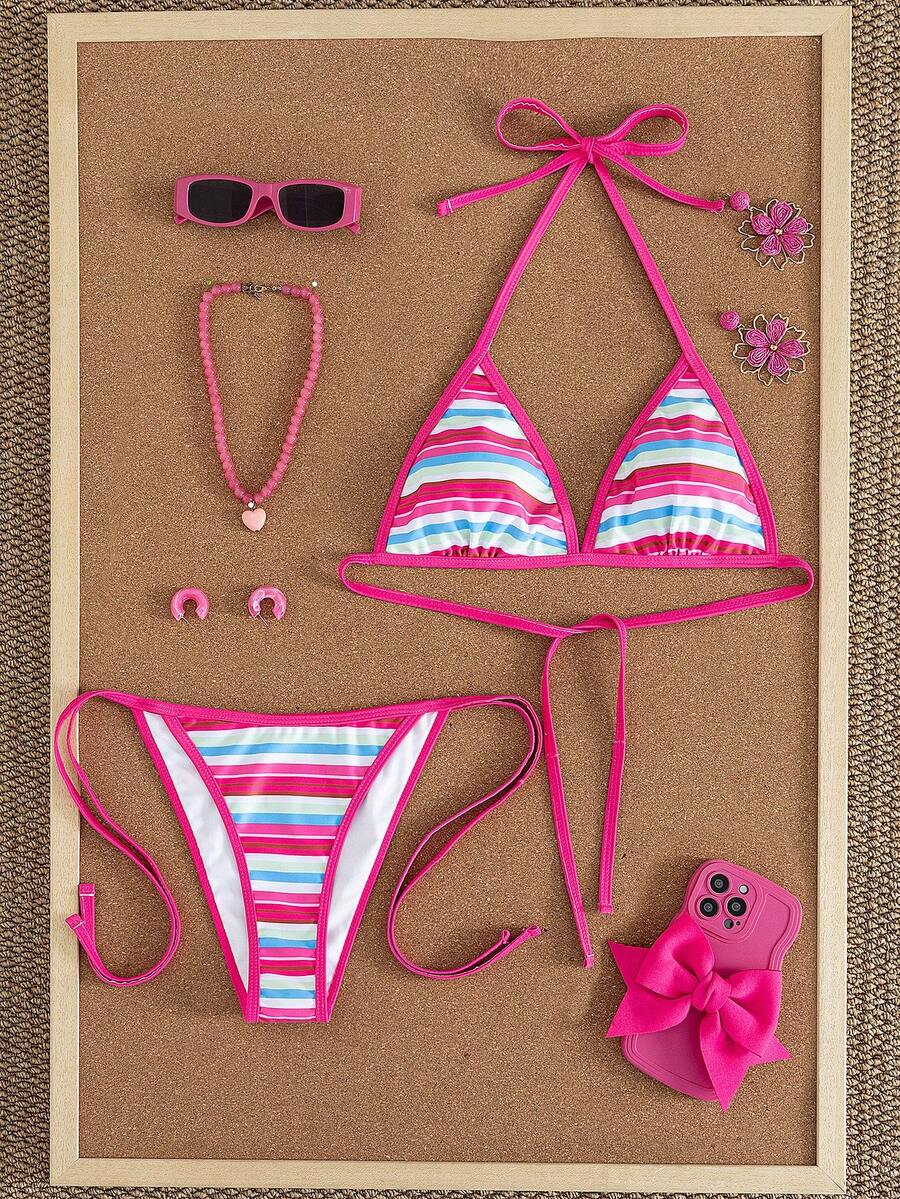 Swim Mod Sweet Cool White Halter Backless Bikini, Youthful Beach Swimming Vacation Swimwear Summer Sexy - Multicolor - View 1