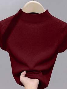 NostaNoir Suéter casual de mujer de cuello redondo y manga corta de unicolor - Rojo - Ver 2