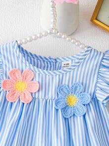 SHEIN Baby GirlColorful Striped Floral Trim Casual Cute Dress With 3D Flower Decor, Spring/Summer - Blue - View 10