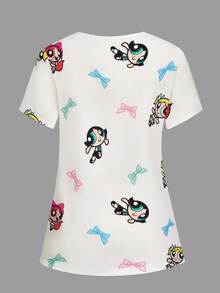 PopScrub THE POWERPUFF GIRLS X SHEIN 女士清新白色底彩色蝴蝶结印花V领手术服上衣 - 白色 - 查看 2