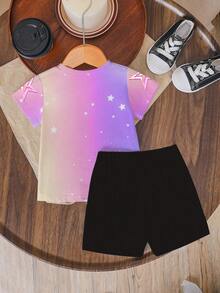 Young Girls Cartoon Girl Group Pattern Digital Print Light Pink T-Shirt And Shorts Set,Cute Summer Clothes For Kids,Fashionable School Ootd,Purple - Multicolor - View 2