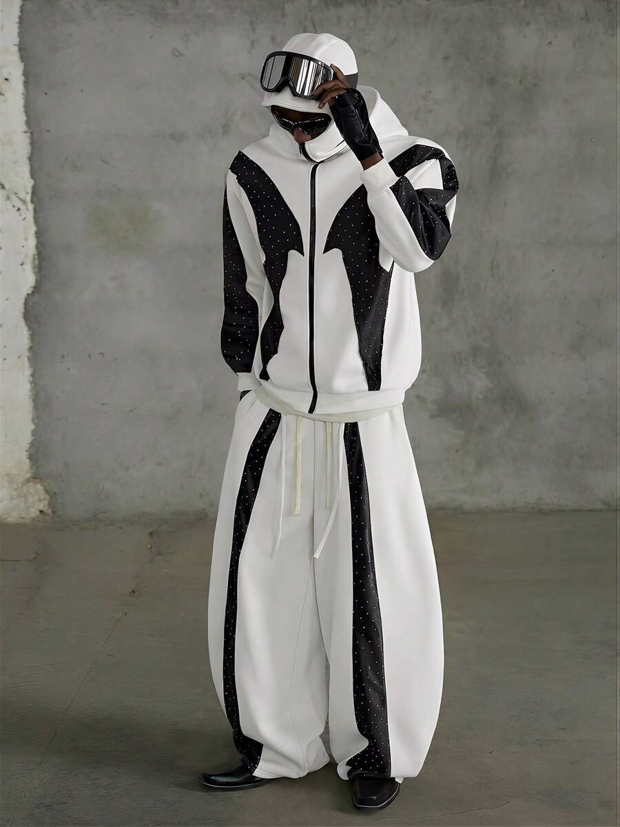 NEON BLANC Men's Contrast Color Drawstring Waist Curved Knife Patchwork Sweatpants - White - View 1