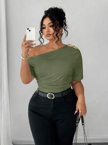 Elenzga Plus Size Women Elegant Personalized Versatile Casual Commute Cold-Shoulder Top - Olive Green - View 4