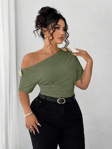 Elenzga Plus Size Women Elegant Personalized Versatile Casual Commute Cold-Shoulder Top - Olive Green - View 7