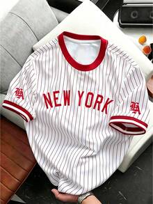 Chillumni 男士条纹字母印花圆领短袖T恤，时尚百搭 - 彩色 - 查看 1