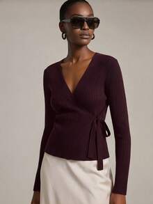Ontre 2026 Spring/Summer Women's Casual Knit Ribbed Tie-Front Cardigan, Versatile For Urban Commute, Business, Office, Elegant Attire, Winter Sweater, Suitable For Valentine's Day, Holiday, Wedding Guest, Party - Burgundy - View 6