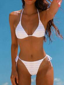 Swim Mod 2pcs/Set White Halter Neck Tie Textured Bikini Set For Women,Summer Holiday Party Beach Wear Bathing Suit,2 Pieces Swimwear Outfit Beach Coords - White - View 1
