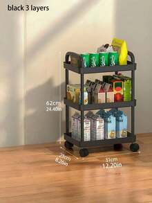 Carrito de almacenamiento de tres niveles con barandillas - Un estante de almacenamiento de pie multifuncional adecuado para cocinas y baños, con un estante escurridor móvil, ideal para el regreso a la escuela, hecho de plástico, no apto para artículos pesados. - Multicolor - Ver 8
