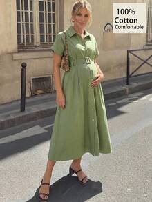 MaterniWear Đầm bầu màu trơn, cạp chun, cài cúc phía trước, tay ngắn, kiểu dáng thường ngày. - màu xanh lá - Xem 5