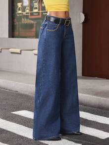 Jeanoix Rivet Decor Navy Blue Leather Belt Low Waist Wide Leg Jeans Everyday Summer Casual - Blue - View 5