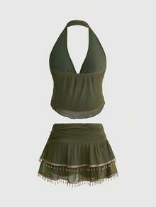 ROMWE Women's Retro Hippie Western Music Festival Beaded Sheer Top With Fringe Hem & Mini Skirt Set, Plus Size - Army Green - View 7