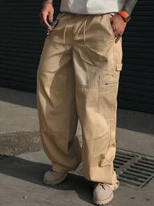 DAZY Pantalones vaqueros de estilo cargo de color caqui lavado casual para hombres - Beis - Ver 3