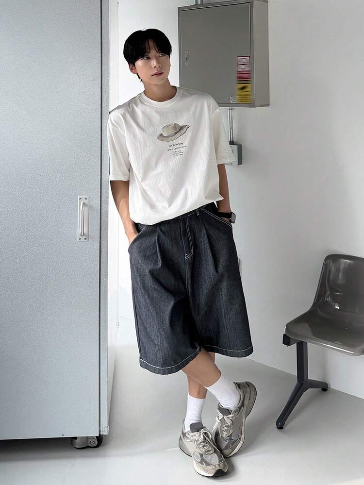 Men's White Letter Print Round Neck Short Sleeve T-Shirt, Summer