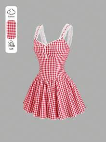 Sweetra Đầm ngắn kẻ caro đỏ ngọt ngào dành cho nữ, thích hợp cho mùa hè. - Đỏ và trắng - Xem 1