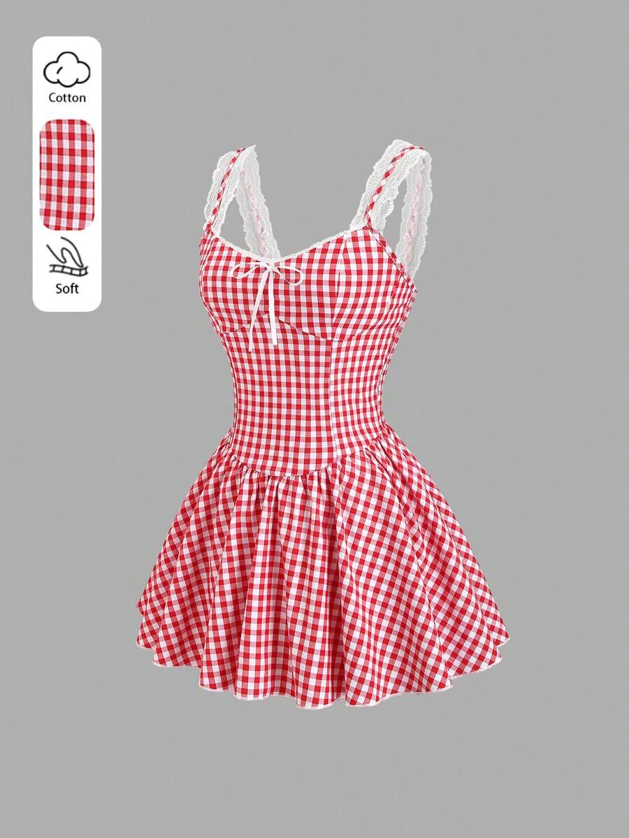 Sweetra Đầm ngắn kẻ caro đỏ ngọt ngào dành cho nữ, thích hợp cho mùa hè. - Đỏ và trắng - Xem 1