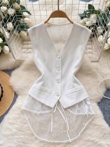 GlowEve Áo blazer mỏng cổ chữ V thanh lịch phối ren dành cho nữ, kiểu dáng thường ngày tinh tế. - trắng - Xem 1