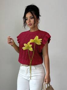 Selianne Women's Elegant Cute Round Neck, Cap Sleeve 3D Floral Decor Jacquard Textured Fabric T-Shirt, Suitable For Daily, Office Everyday, And Vacation Wear - Burgundy - View 5