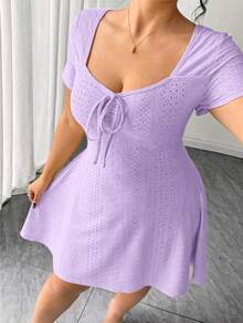 Elenzga Plus Size Women Fitted Lace-Up Front Jacquard Midi Dress - Mauve Purple - View 8