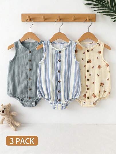 SHEIN 3pcs Baby Boy Summer Blue, Apricot, Brown 100% Cotton Front Button Romper, Casual Style Suitable For Daily Outdoor Play, School, Vacation, Sports, Party