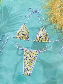 Swim Vcay 女士夏季沙滩罗纹滚边挂脖式超三角比基尼泳衣 - 彩色 - 查看 3