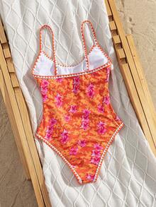 Swim Mod 夏季新款欧美风性感高衩连体泳衣，红色撞色鱼纹印花，挂脖式，荷叶边装饰，带胸垫，可调节肩带，修身剪裁，适合海滩、泳池派对、生日等场合。 - 彩色 - 查看 3