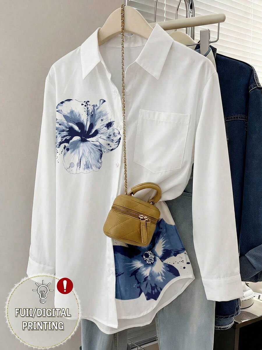 Tween Girls Floral Print Long Sleeve Shirt - White - View 1