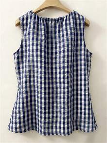 Linhara Plus Size Women Vacation Casual Style Printed Tank Top, Spring/Summer - Navy Blue - View 2