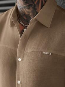 Manfinity CasualCool Men's Solid Color Minimalist Textured Front Button Long Sleeve Casual Shirt - Khaki - View 3