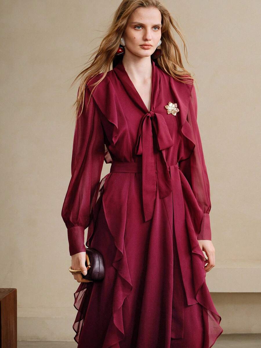 Arave 女士轻盈A字连衣裙，领口蝴蝶结系带，腰部荷叶边下摆，金属扣设计，优雅约会之选 - 紅色 - 查看 1